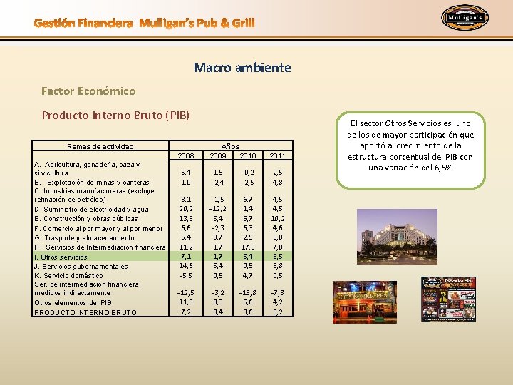 Macro ambiente Factor Económico Producto Interno Bruto (PIB) Ramas de actividad 2008 A. Agricultura,