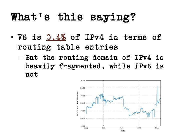 What’s this saying? • V 6 is 0. 4% of IPv 4 in terms