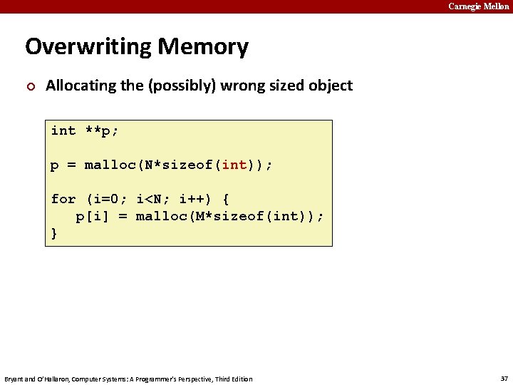 Carnegie Mellon Overwriting Memory ¢ Allocating the (possibly) wrong sized object int **p; p