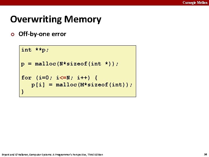 Carnegie Mellon Overwriting Memory ¢ Off-by-one error int **p; p = malloc(N*sizeof(int *)); for