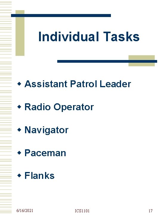 Individual Tasks w Assistant Patrol Leader w Radio Operator w Navigator w Paceman w