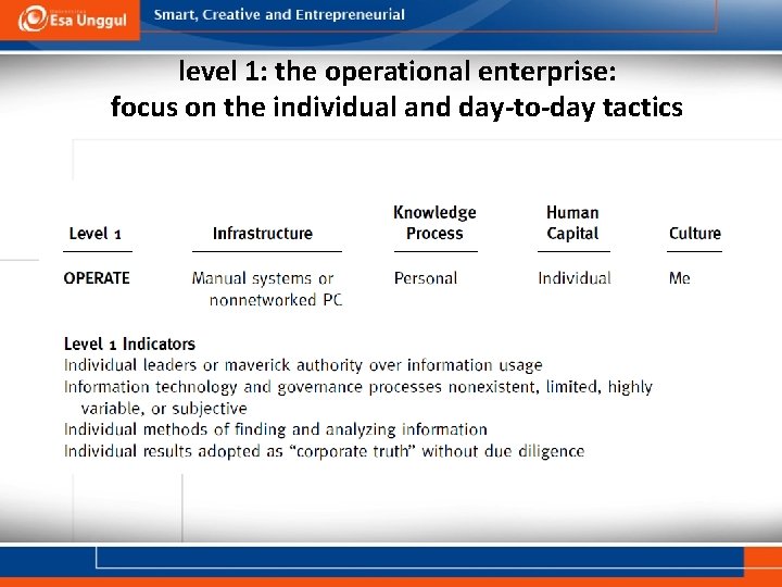 level 1: the operational enterprise: focus on the individual and day-to-day tactics 