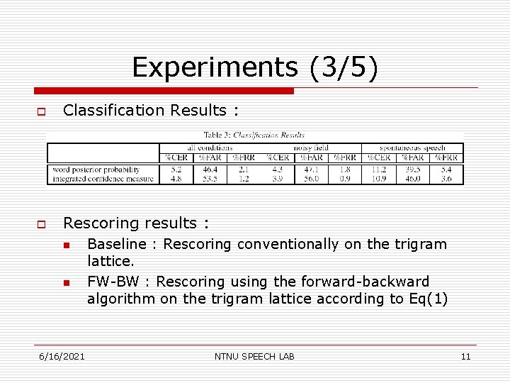 Experiments (3/5) o Classification Results : o Rescoring results : n n 6/16/2021 Baseline