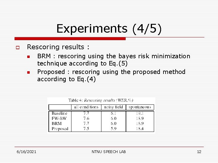 Experiments (4/5) o Rescoring results : n n 6/16/2021 BRM : rescoring using the