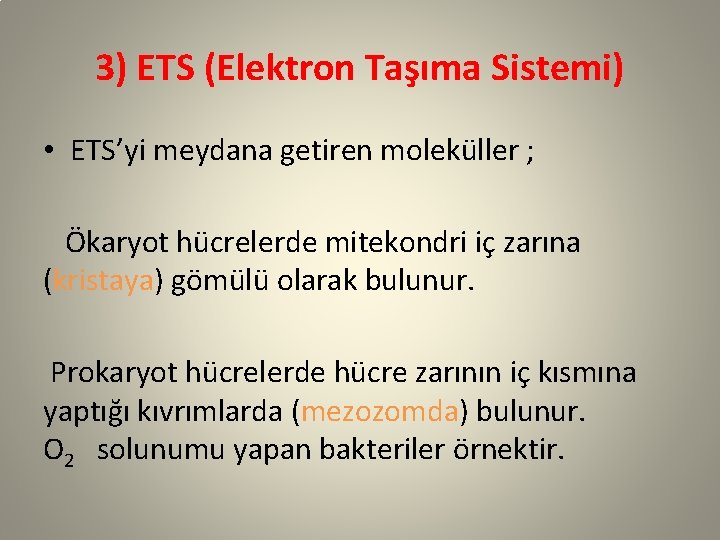 3) ETS (Elektron Taşıma Sistemi) • ETS’yi meydana getiren moleküller ; Ökaryot hücrelerde mitekondri