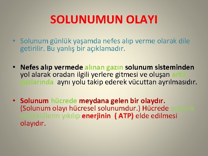 SOLUNUMUN OLAYI • Solunum günlük yaşamda nefes alıp verme olarak dile getirilir. Bu yanlış