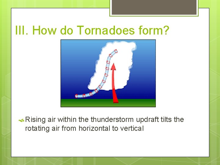 III. How do Tornadoes form? Rising air within the thunderstorm updraft tilts the rotating