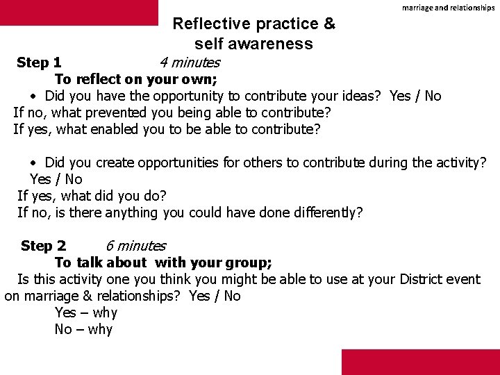marriage and relationships Reflective practice & self awareness Step 1 4 minutes To reflect