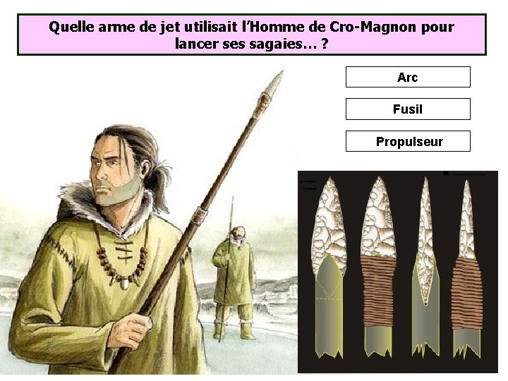 Quelle arme de jet utilisait l’Homme de Cro-Magnon pour lancer ses sagaies… ? Arc Quelle arme de jet utilisait l’Homme de Cro-Magnon pour lancer ses sagaies… ? Arc