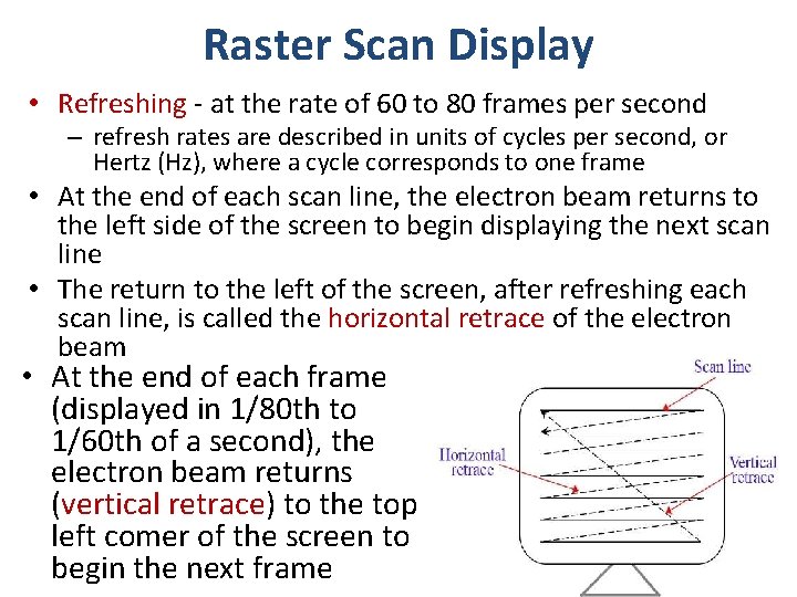 Raster Scan Display • Refreshing - at the rate of 60 to 80 frames