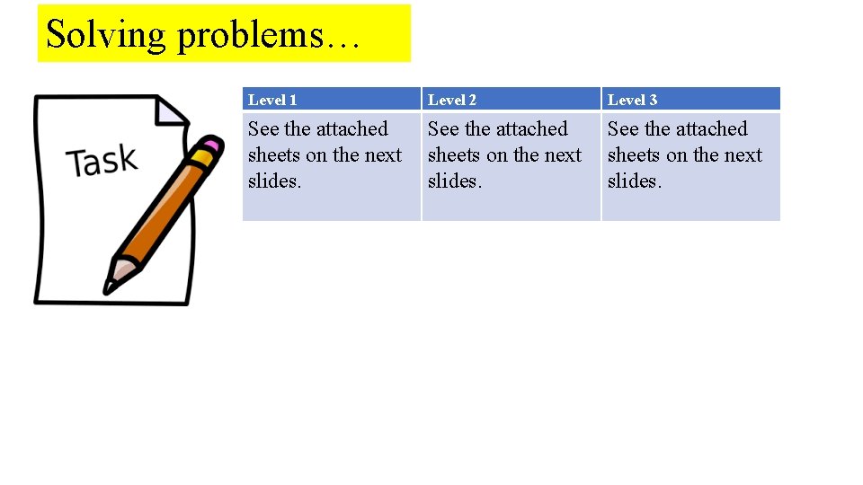 Solving problems… Level 1 Level 2 Level 3 See the attached sheets on the