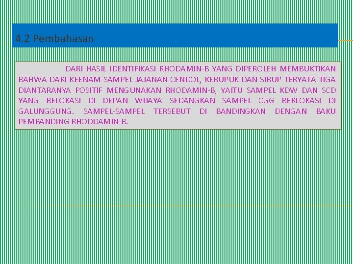 4. 2 Pembahasan DARI HASIL IDENTIFIKASI RHODAMIN-B YANG DIPEROLEH MEMBUKTIKAN BAHWA DARI KEENAM SAMPEL