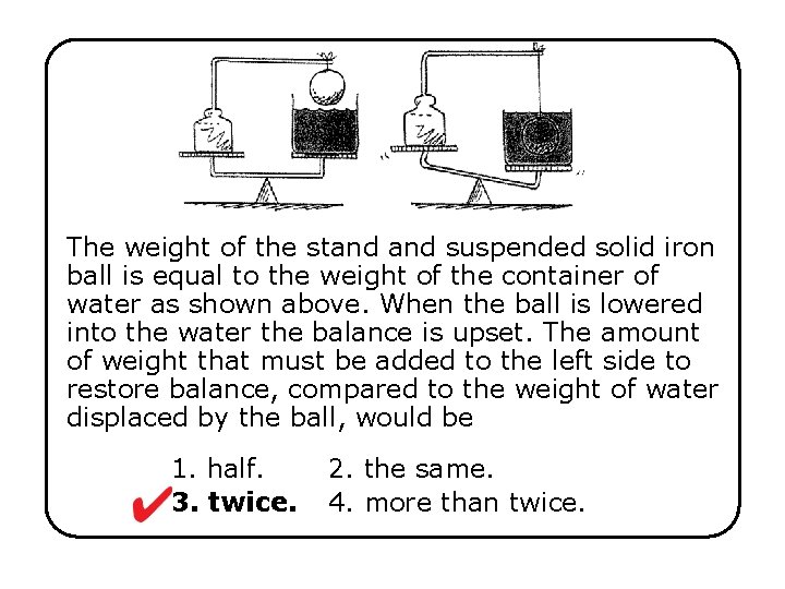 The weight of the stand suspended solid iron ball is equal to the weight