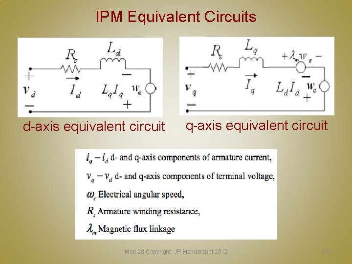 IPM Equivalent Circuits d-axis equivalent circuit q-axis equivalent circuit Mod 28 Copyright: JR Hendershot