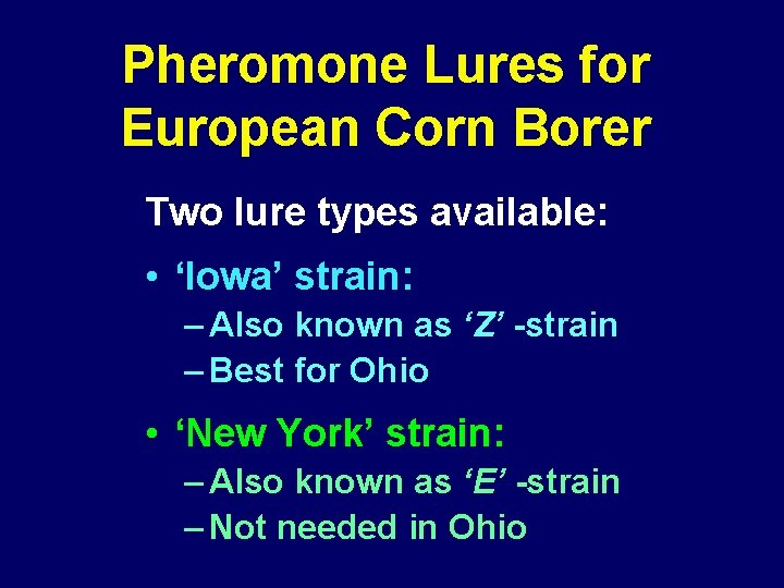 Pheromone Lures for European Corn Borer Two lure types available: • ‘Iowa’ strain: –