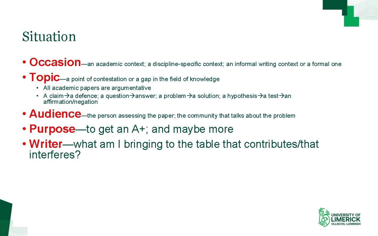 Situation • Occasion—an academic context; a discipline-specific context; an informal writing context or a