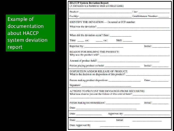 Example of documentation about HACCP system deviation report 