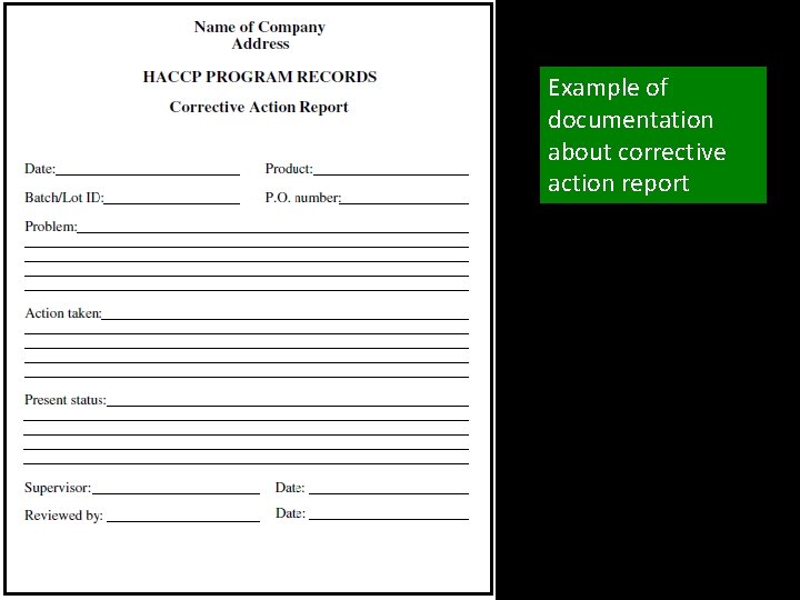 Example of documentation about corrective action report 