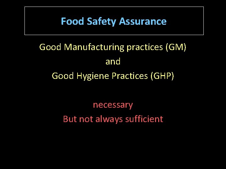 Food Safety Assurance Good Manufacturing practices (GM) and Good Hygiene Practices (GHP) necessary But