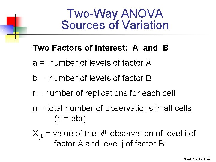 Two-Way ANOVA Sources of Variation Two Factors of interest: A and B a =