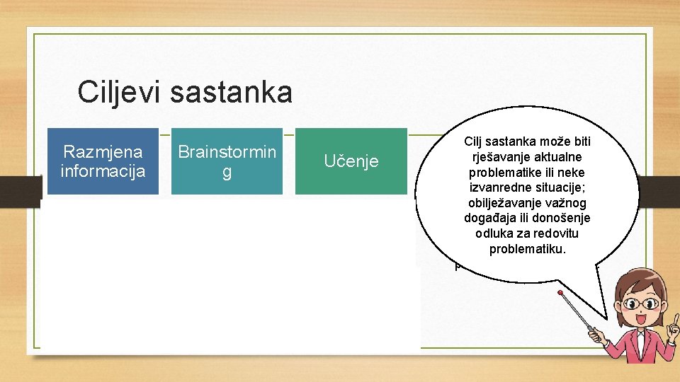 Ciljevi sastanka Razmjena informacija Brainstormin g Učenje Procjena mogućnosti Izbori i imenovanja Konstituiranj e