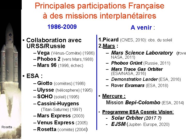 Principales participations Française à des missions interplanétaires 1986 -2009 • Collaboration avec URSS/Russie –