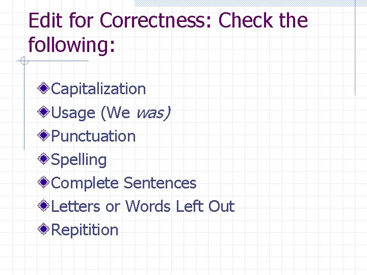 Edit for Correctness: Check the following: Capitalization Usage (We was) Punctuation Spelling Complete Sentences