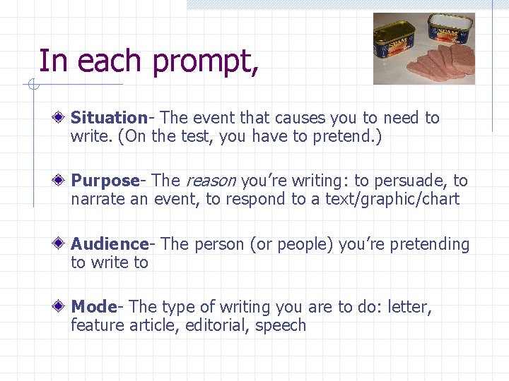 In each prompt, Situation- The event that causes you to need to write. (On