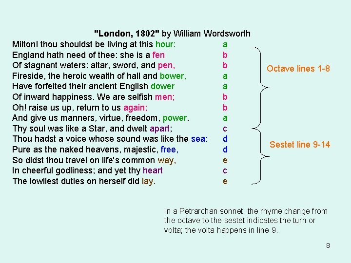"London, 1802" by William Wordsworth Milton! thou shouldst be living at this hour: a