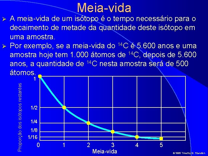 Meia-vida Ø A meia-vida de um isótopo é o tempo necessário para o decaimento