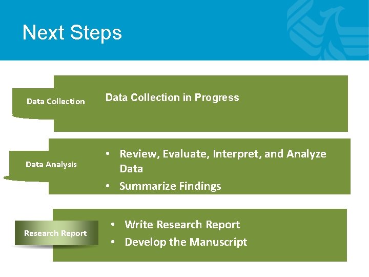 Next Steps Data Collection Data Analysis Research Report Data Collection in Progress • Review, Next Steps Data Collection Data Analysis Research Report Data Collection in Progress • Review,