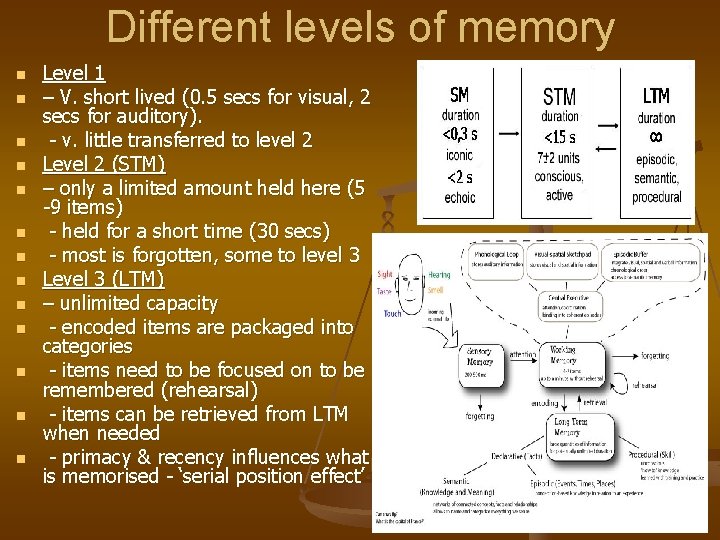 Different levels of memory n n n n Level 1 – V. short lived