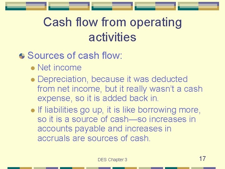Cash flow from operating activities Sources of cash flow: Net income l Depreciation, because