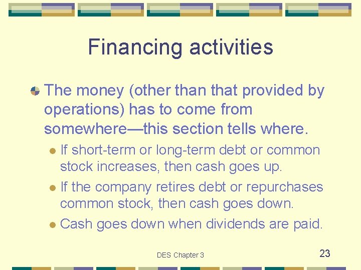 Financing activities The money (other than that provided by operations) has to come from
