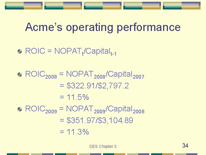 Acme’s operating performance ROIC = NOPATt/Capitalt-1 ROIC 2008 = NOPAT 2008/Capital 2007 = $322.