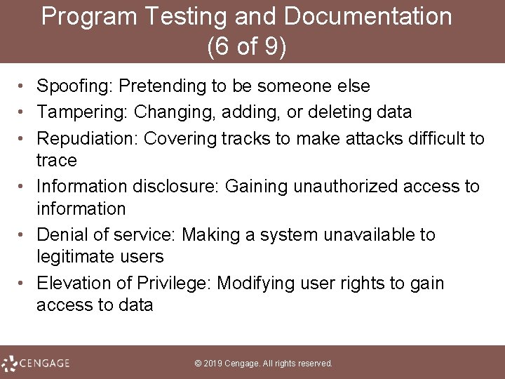 Program Testing and Documentation (6 of 9) • Spoofing: Pretending to be someone else