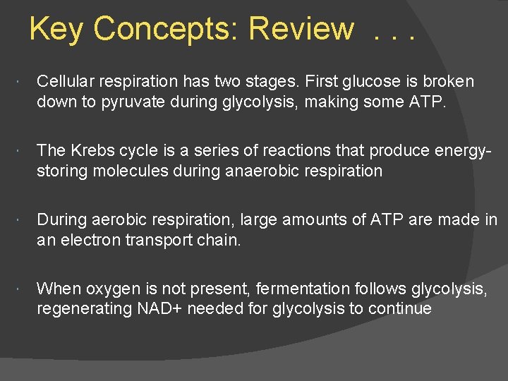 Key Concepts: Review. . . Cellular respiration has two stages. First glucose is broken