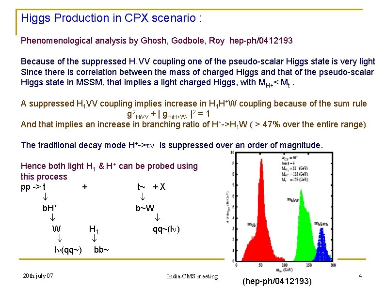 Higgs Production in CPX scenario : Phenomenological analysis by Ghosh, Godbole, Roy hep-ph/0412193 Because