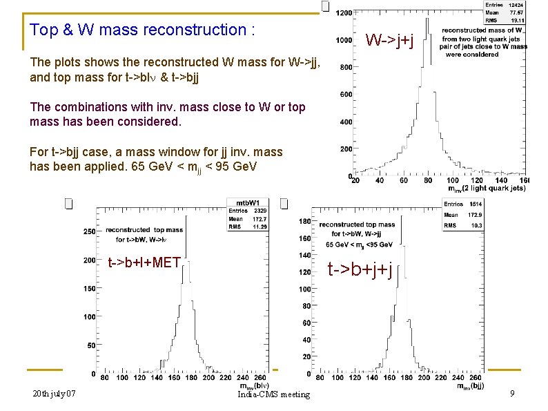 Top & W mass reconstruction : W->j+j The plots shows the reconstructed W mass