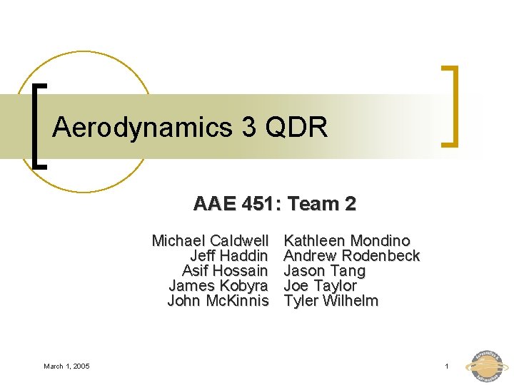 Aerodynamics 3 QDR AAE 451: Team 2 Michael Caldwell Jeff Haddin Asif Hossain James