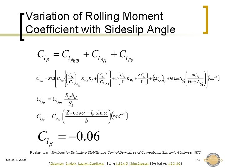 Variation of Rolling Moment Coefficient with Sideslip Angle Roskam, Jan, Methods for Estimating Stability