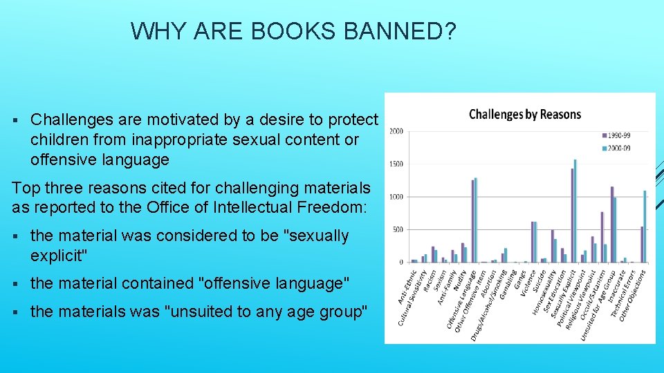 WHY ARE BOOKS BANNED? § Challenges are motivated by a desire to protect children