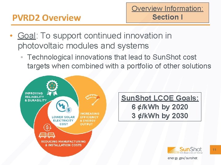 PVRD 2 Overview Information: Section I • Goal: To support continued innovation in photovoltaic