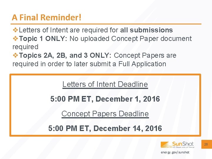 A Final Reminder! v. Letters of Intent are required for all submissions v. Topic