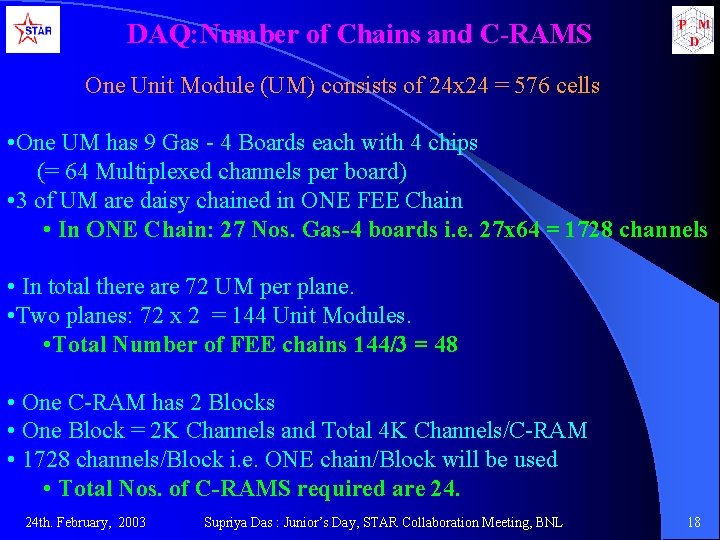 DAQ: Number of Chains and C-RAMS One Unit Module (UM) consists of 24 x