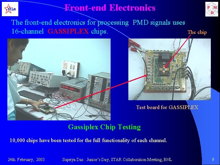 Front-end Electronics The front-end electronics for processing PMD signals uses 16 -channel GASSIPLEX chips.