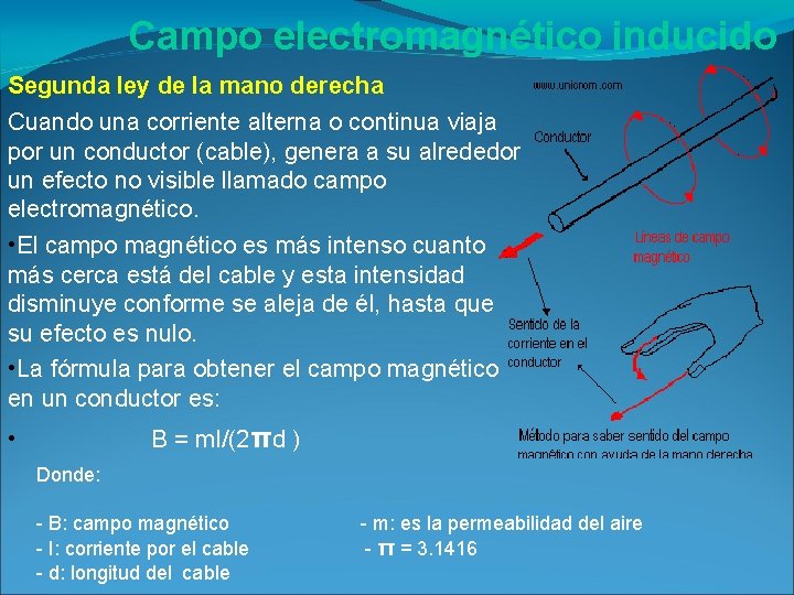 Campo electromagnético inducido Segunda ley de la mano derecha Cuando una corriente alterna o Campo electromagnético inducido Segunda ley de la mano derecha Cuando una corriente alterna o