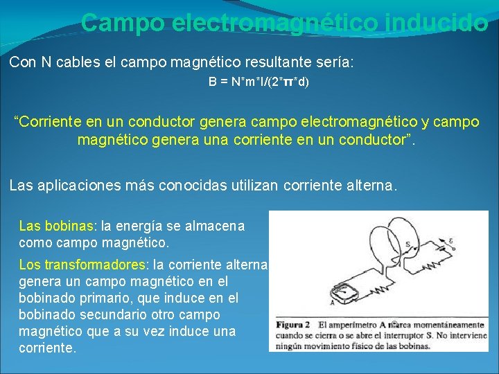 Campo electromagnético inducido Con N cables el campo magnético resultante sería: B = N*m*I/(2*π*d) Campo electromagnético inducido Con N cables el campo magnético resultante sería: B = N*m*I/(2*π*d)