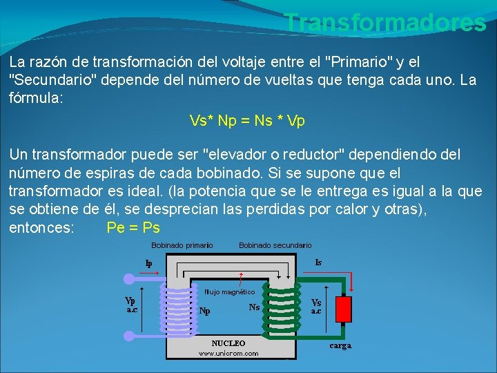 Transformadores La razón de transformación del voltaje entre el "Primario" y el "Secundario" depende Transformadores La razón de transformación del voltaje entre el "Primario" y el "Secundario" depende