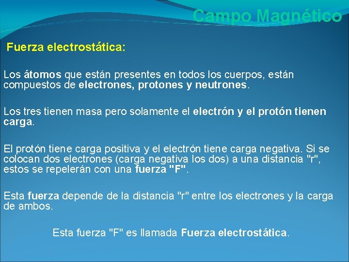 Campo Magnético Fuerza electrostática: Los átomos que están presentes en todos los cuerpos, están Campo Magnético Fuerza electrostática: Los átomos que están presentes en todos los cuerpos, están